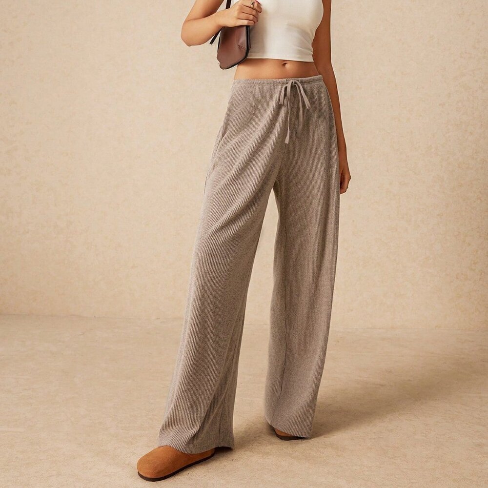 Khaki Casual Women's Tie Waist Pockets Wide Leg Loose Versatile Pants